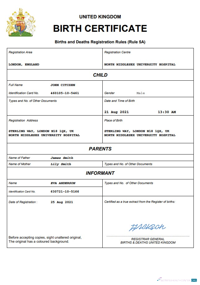 Download United Kingdom vital record birth certificate Word and PDF template Photoshop template